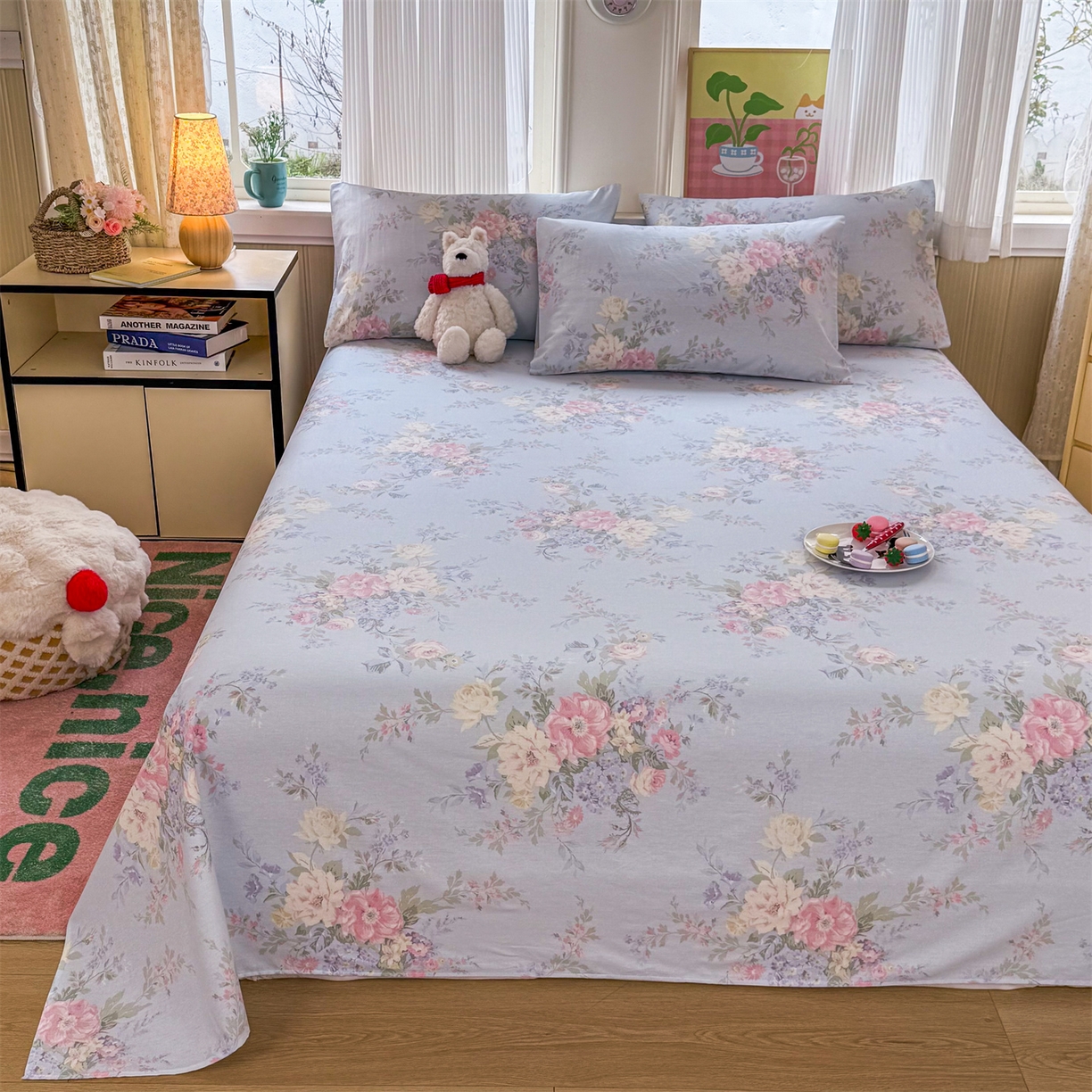 91家纺网 家纺一手货源 找家纺 晨晨家纺 2026春夏新款小清新全棉纯棉印花床单三件套 秘境