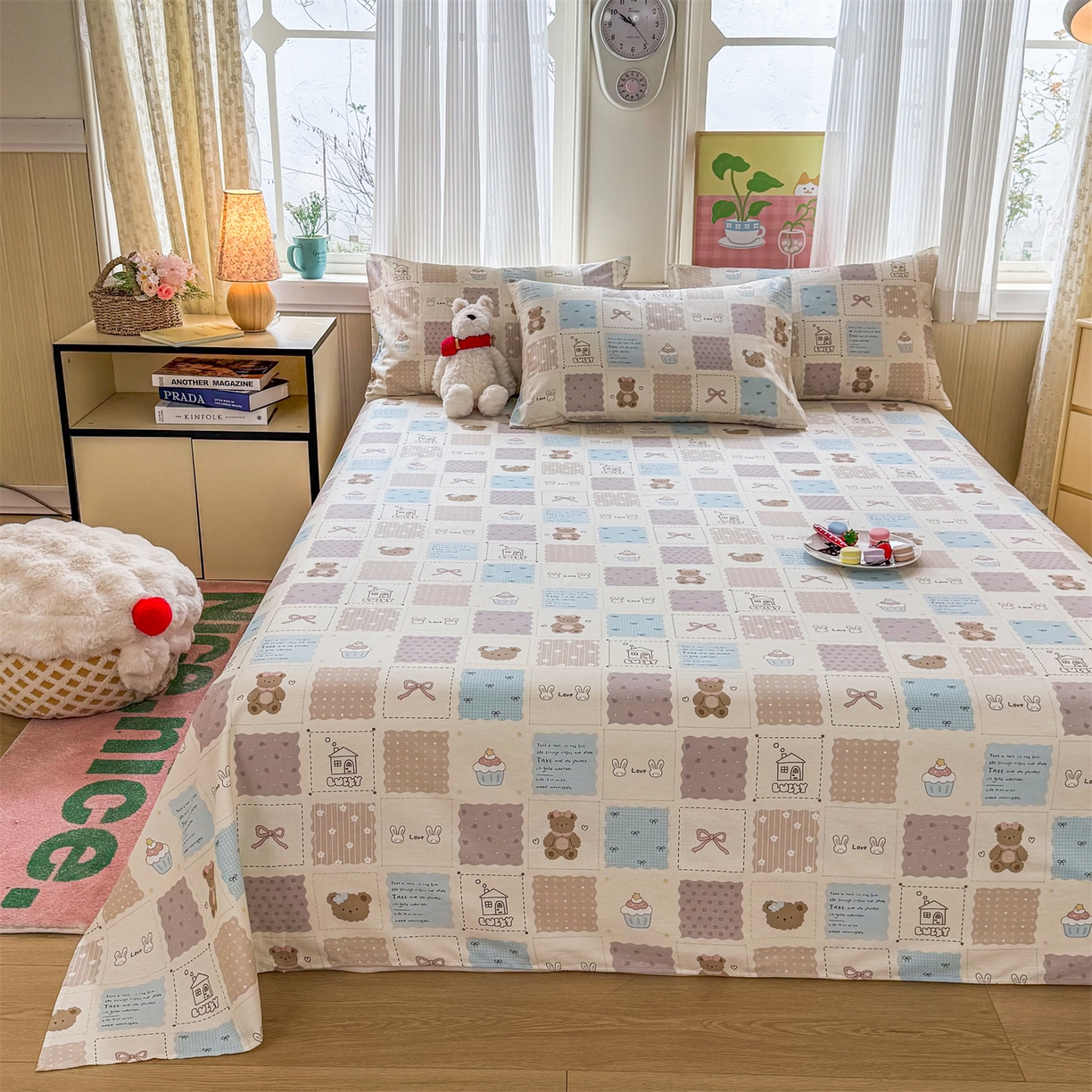 91家纺网 家纺一手货源 找家纺 晨晨家纺 2026春夏新款小清新全棉纯棉印花床单三件套 饼干熊