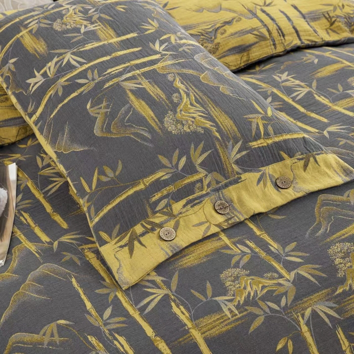 91家纺网 家纺一手货源 找家纺 云天家纺 2026新款A类全棉纯棉色织提花双层纱纽扣款四件套 竹清风影