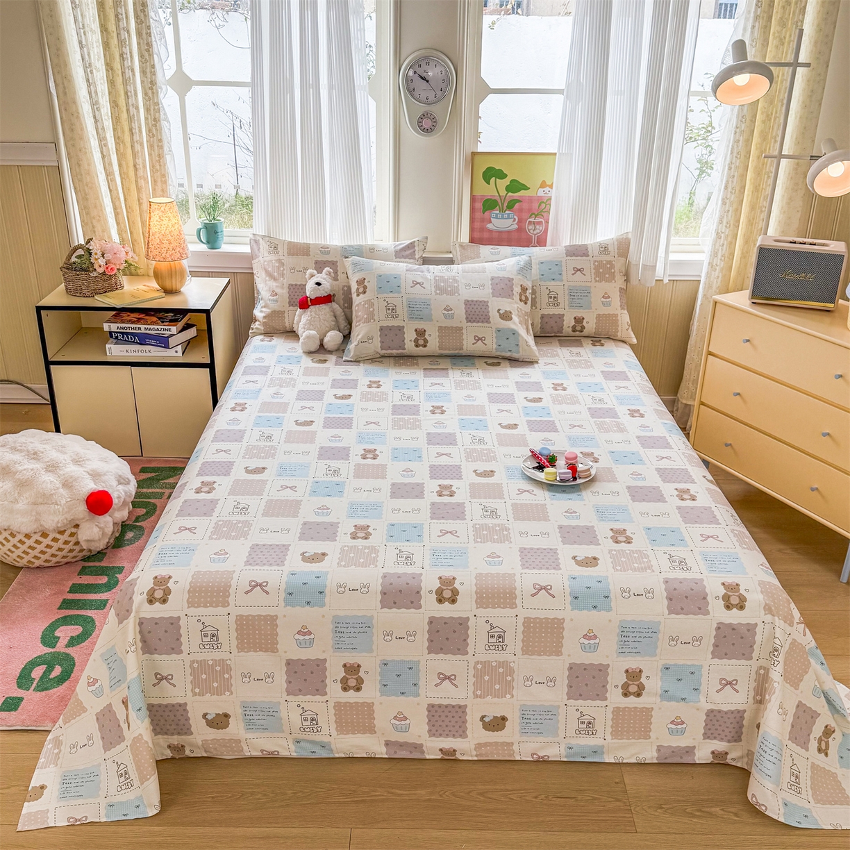 91家纺网 家纺一手货源 找家纺 晨晨家纺 2026春夏新款小清新全棉纯棉印花床单三件套 饼干熊