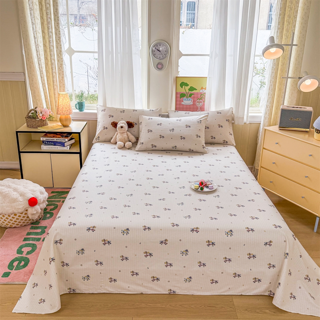 91家纺网 家纺一手货源 找家纺 晨晨家纺 2026春夏新款小清新全棉纯棉印花床单三件套 马上有钱