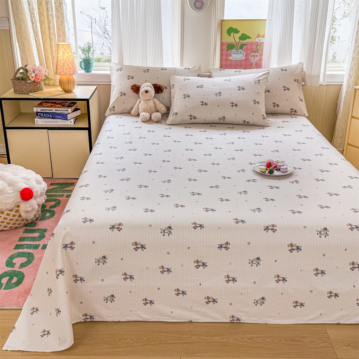 91家纺网 家纺一手货源 找家纺 晨晨家纺 2026春夏新款小清新全棉纯棉印花床单三件套 马上有钱