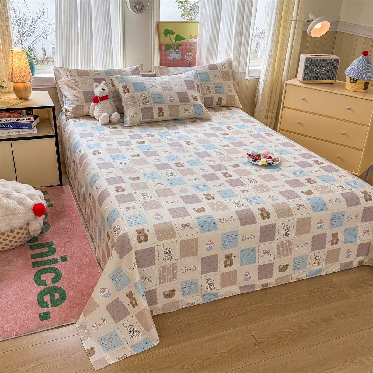 91家纺网 家纺一手货源 找家纺 晨晨家纺 2026春夏新款小清新全棉纯棉印花床单三件套 饼干熊