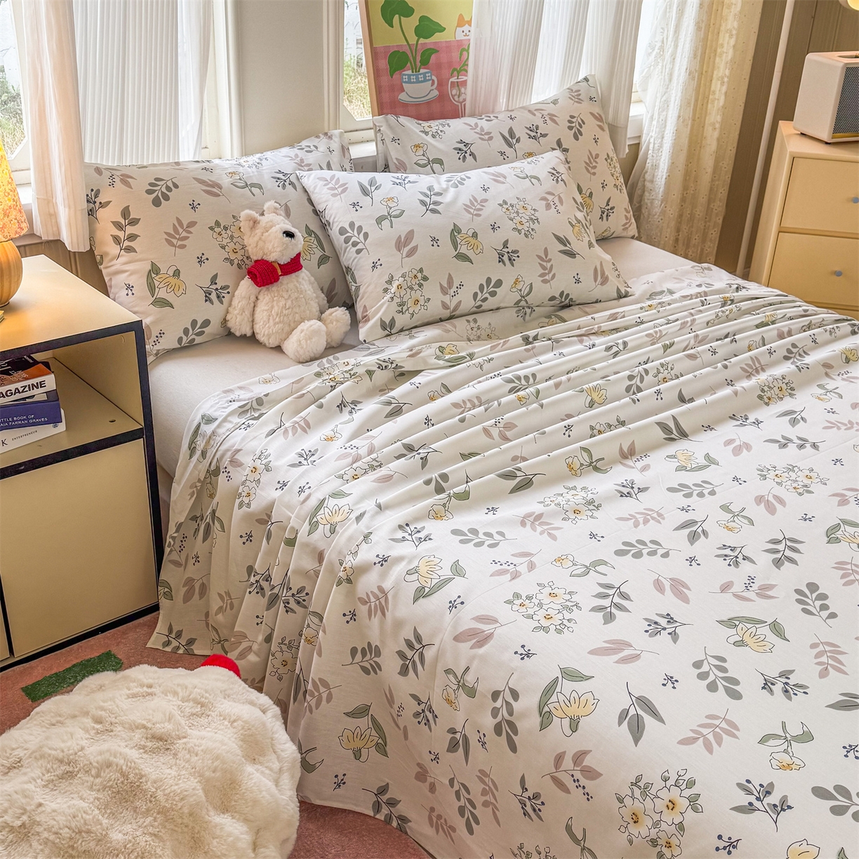 91家纺网 家纺一手货源 找家纺 晨晨家纺 2026春夏新款小清新全棉纯棉印花床单三件套 花韵