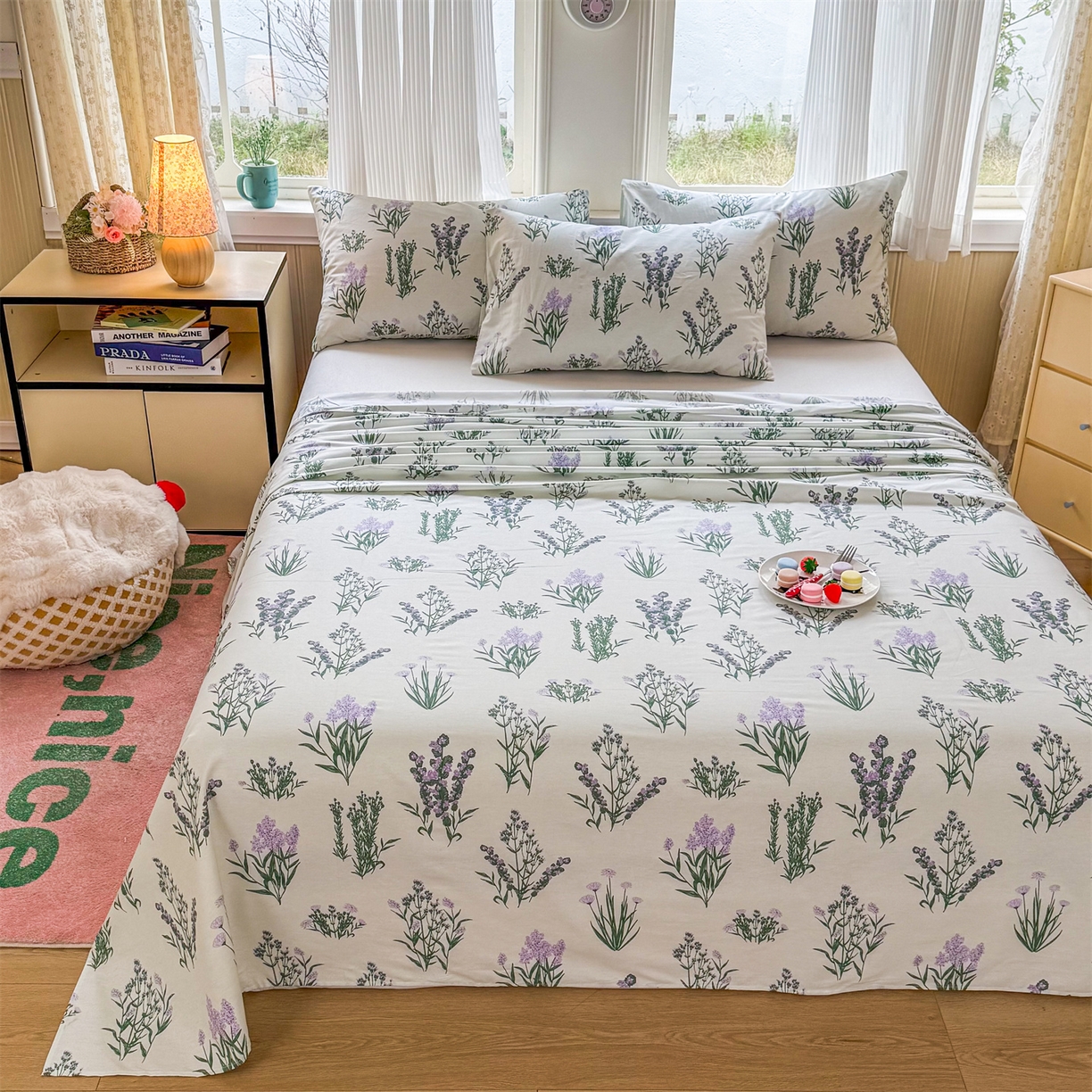 91家纺网 家纺一手货源 找家纺 晨晨家纺 2026春夏新款小清新全棉纯棉印花床单三件套 薰衣草