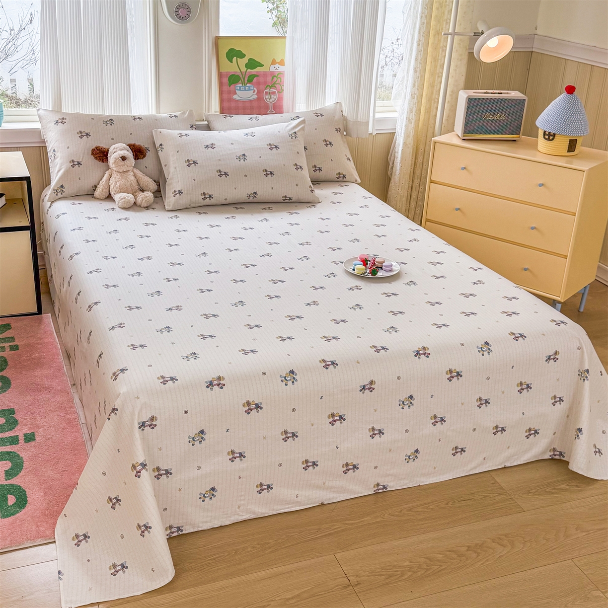 91家纺网 家纺一手货源 找家纺 晨晨家纺 2026春夏新款小清新全棉纯棉印花床单三件套 马上有钱