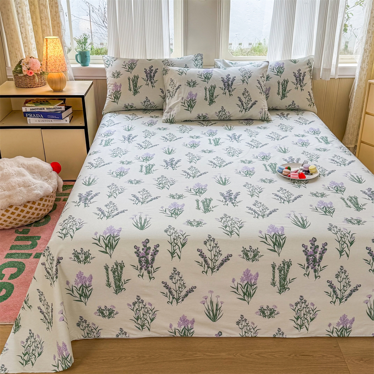 91家纺网 家纺一手货源 找家纺 晨晨家纺 2026春夏新款小清新全棉纯棉印花床单三件套 薰衣草