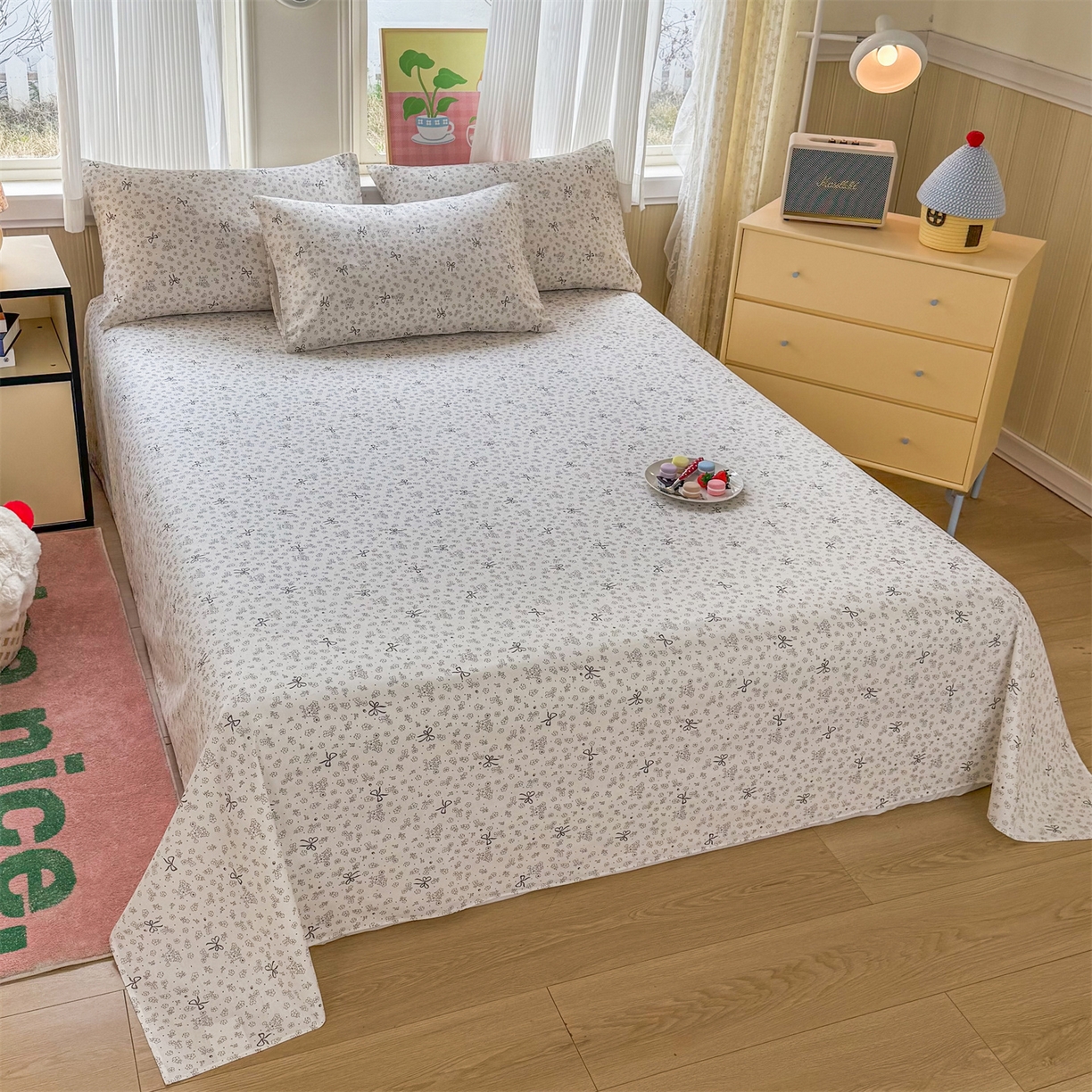 91家纺网 家纺一手货源 找家纺 晨晨家纺 2026春夏新款小清新全棉纯棉印花床单三件套 墨蝶