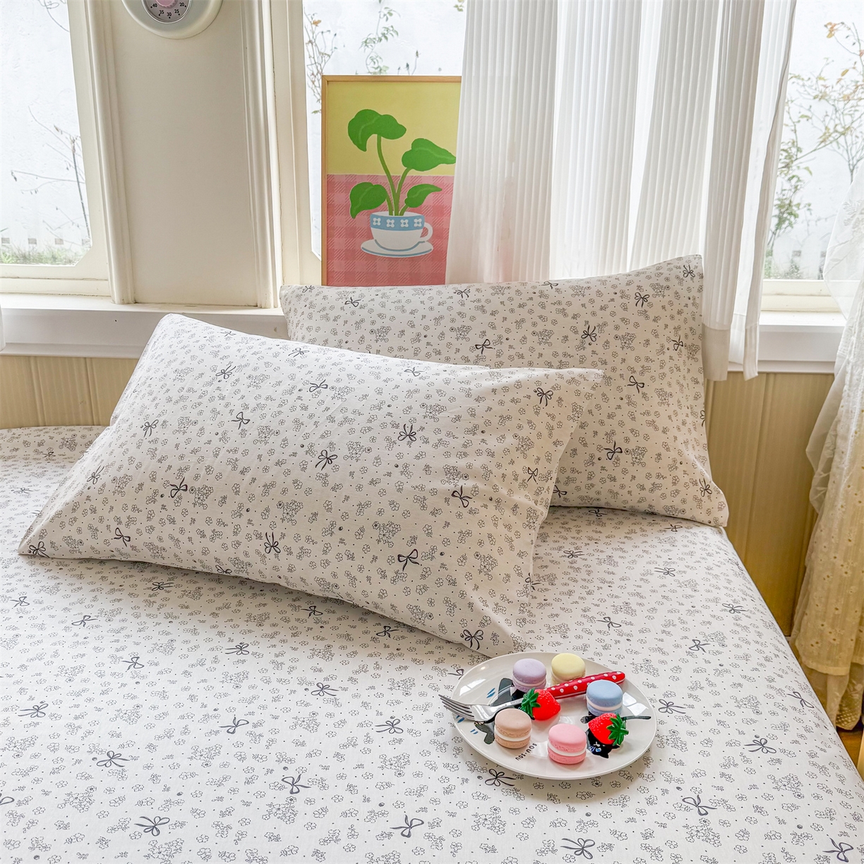 91家纺网 家纺一手货源 找家纺 晨晨家纺 2026春夏新款小清新全棉纯棉印花床单三件套 墨蝶