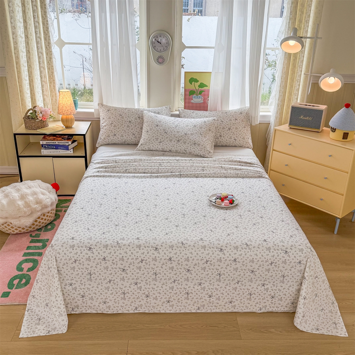 91家纺网 家纺一手货源 找家纺 晨晨家纺 2026春夏新款小清新全棉纯棉印花床单三件套 墨蝶