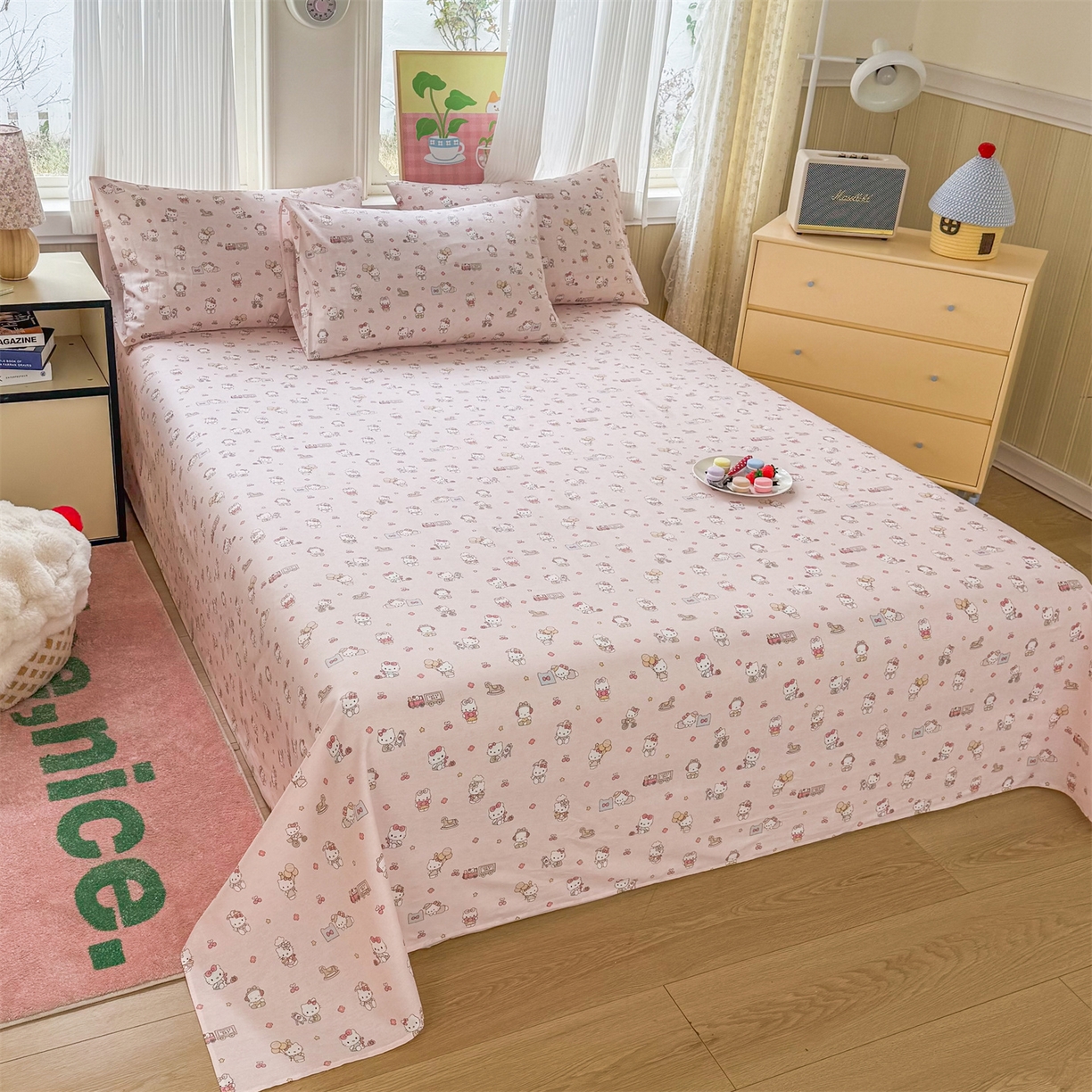 91家纺网 家纺一手货源 找家纺 晨晨家纺 2026春夏新款小清新全棉纯棉印花床单三件套 凯蒂公主