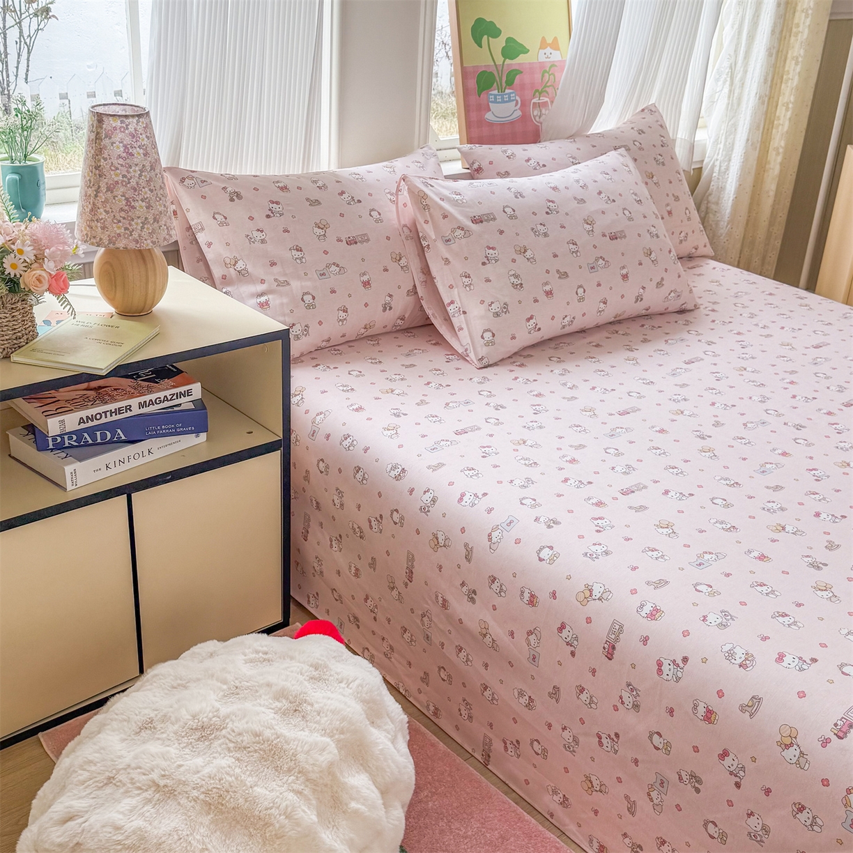 91家纺网 家纺一手货源 找家纺 晨晨家纺 2026春夏新款小清新全棉纯棉印花床单三件套 凯蒂公主