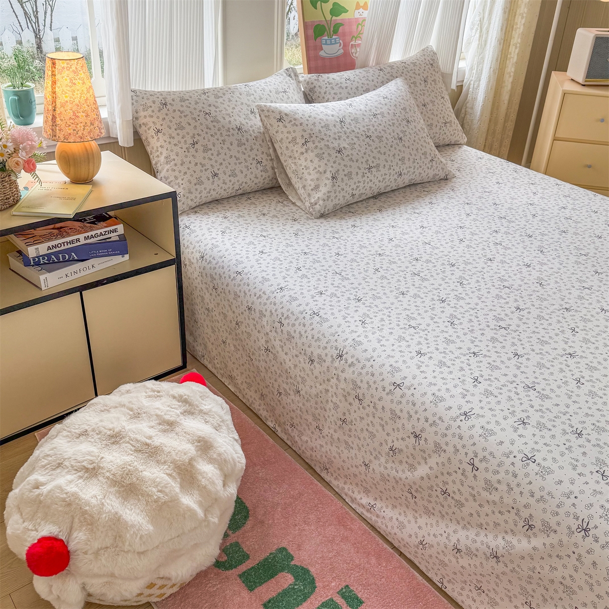 91家纺网 家纺一手货源 找家纺 晨晨家纺 2026春夏新款小清新全棉纯棉印花床单三件套 墨蝶