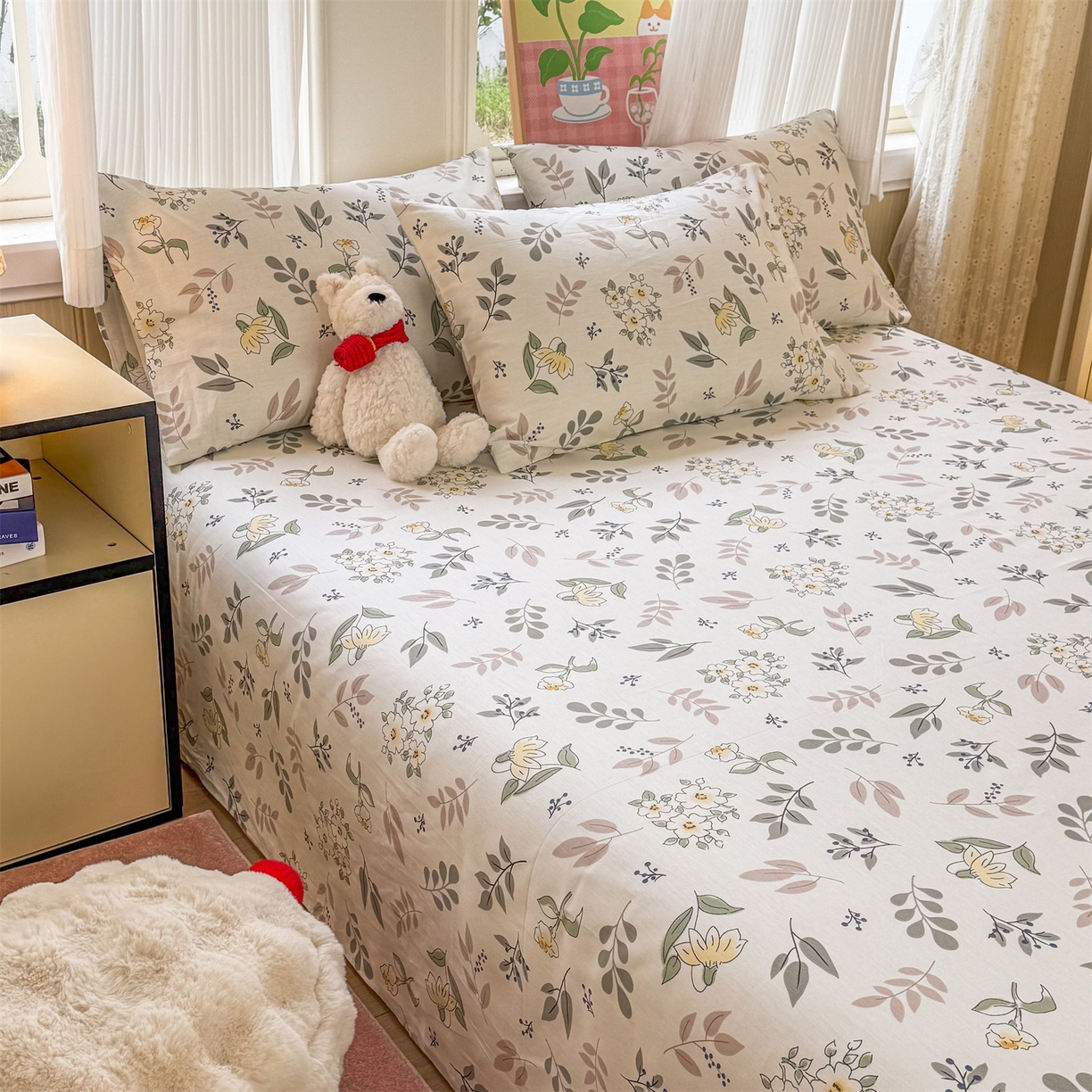 91家纺网 家纺一手货源 找家纺 晨晨家纺 2026春夏新款小清新全棉纯棉印花床单三件套 花韵