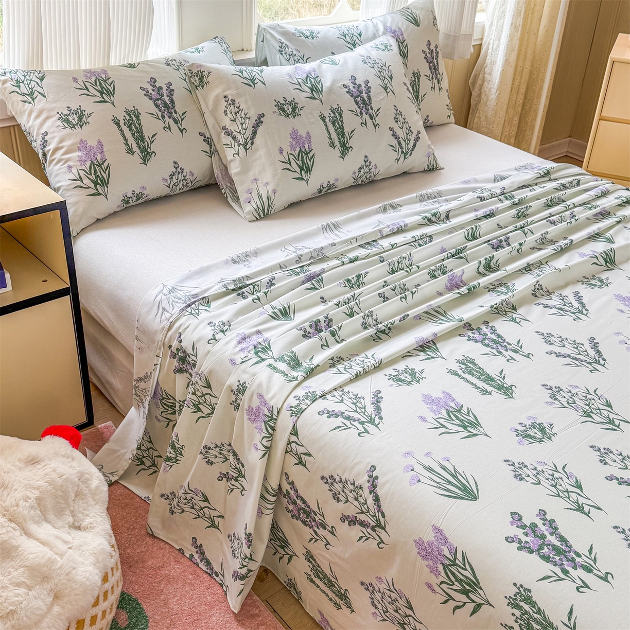 91家纺网 家纺一手货源 找家纺 晨晨家纺 2026春夏新款小清新全棉纯棉印花床单三件套 薰衣草