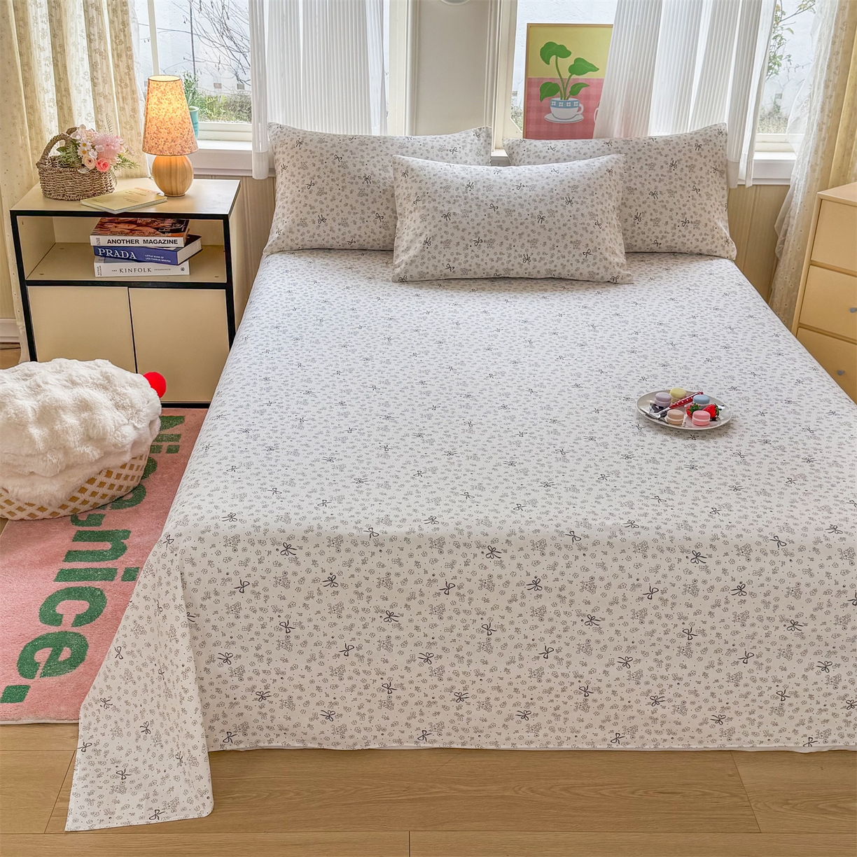 91家纺网 家纺一手货源 找家纺 晨晨家纺 2026春夏新款小清新全棉纯棉印花床单三件套 墨蝶