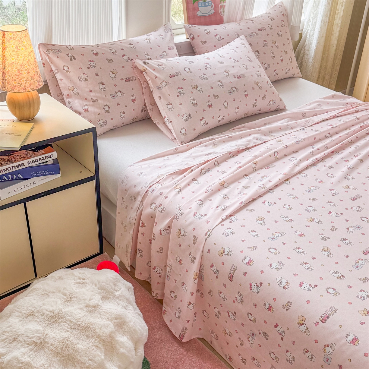 91家纺网 家纺一手货源 找家纺 晨晨家纺 2026春夏新款小清新全棉纯棉印花床单三件套 凯蒂公主