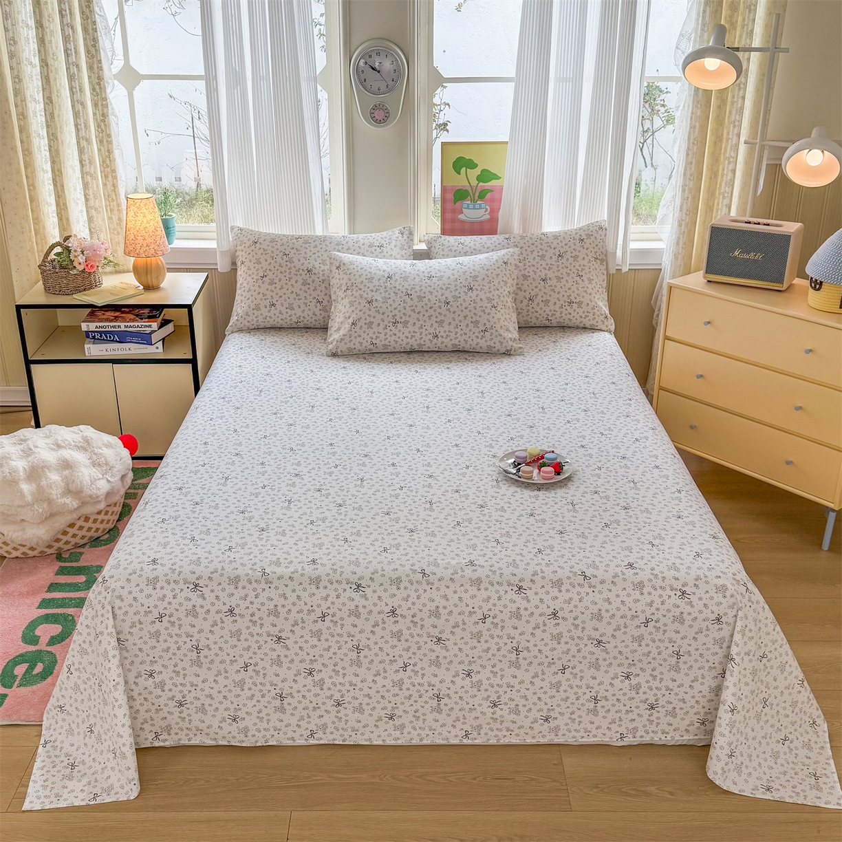 91家纺网 家纺一手货源 找家纺 晨晨家纺 2026春夏新款小清新全棉纯棉印花床单三件套 墨蝶