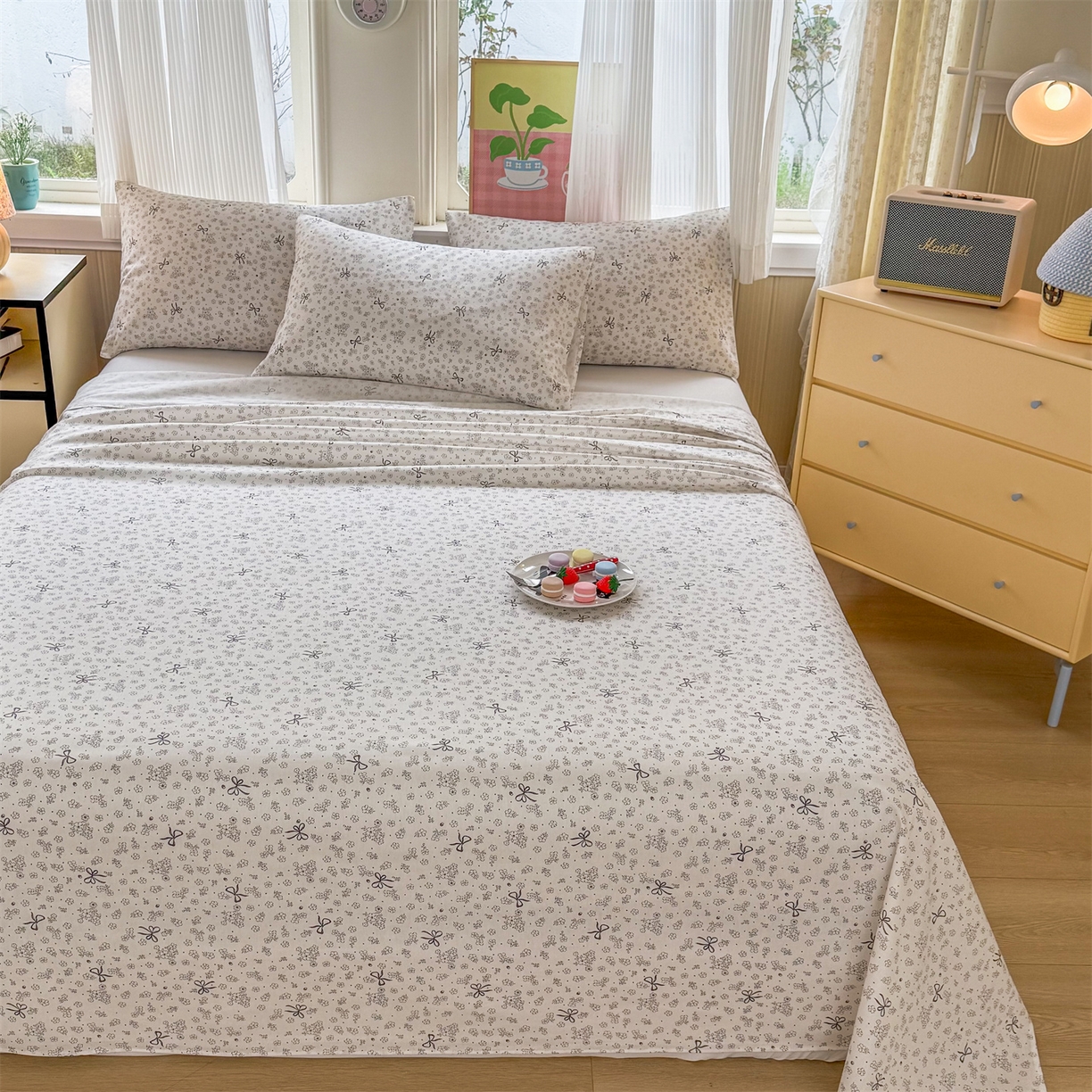 91家纺网 家纺一手货源 找家纺 晨晨家纺 2026春夏新款小清新全棉纯棉印花床单三件套 墨蝶