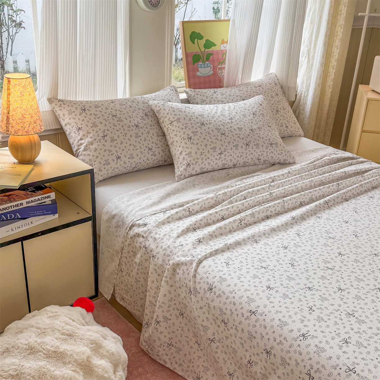 91家纺网 家纺一手货源 找家纺 晨晨家纺 2026春夏新款小清新全棉纯棉印花床单三件套 墨蝶