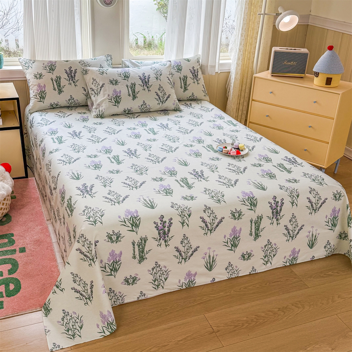 91家纺网 家纺一手货源 找家纺 晨晨家纺 2026春夏新款小清新全棉纯棉印花床单三件套 薰衣草