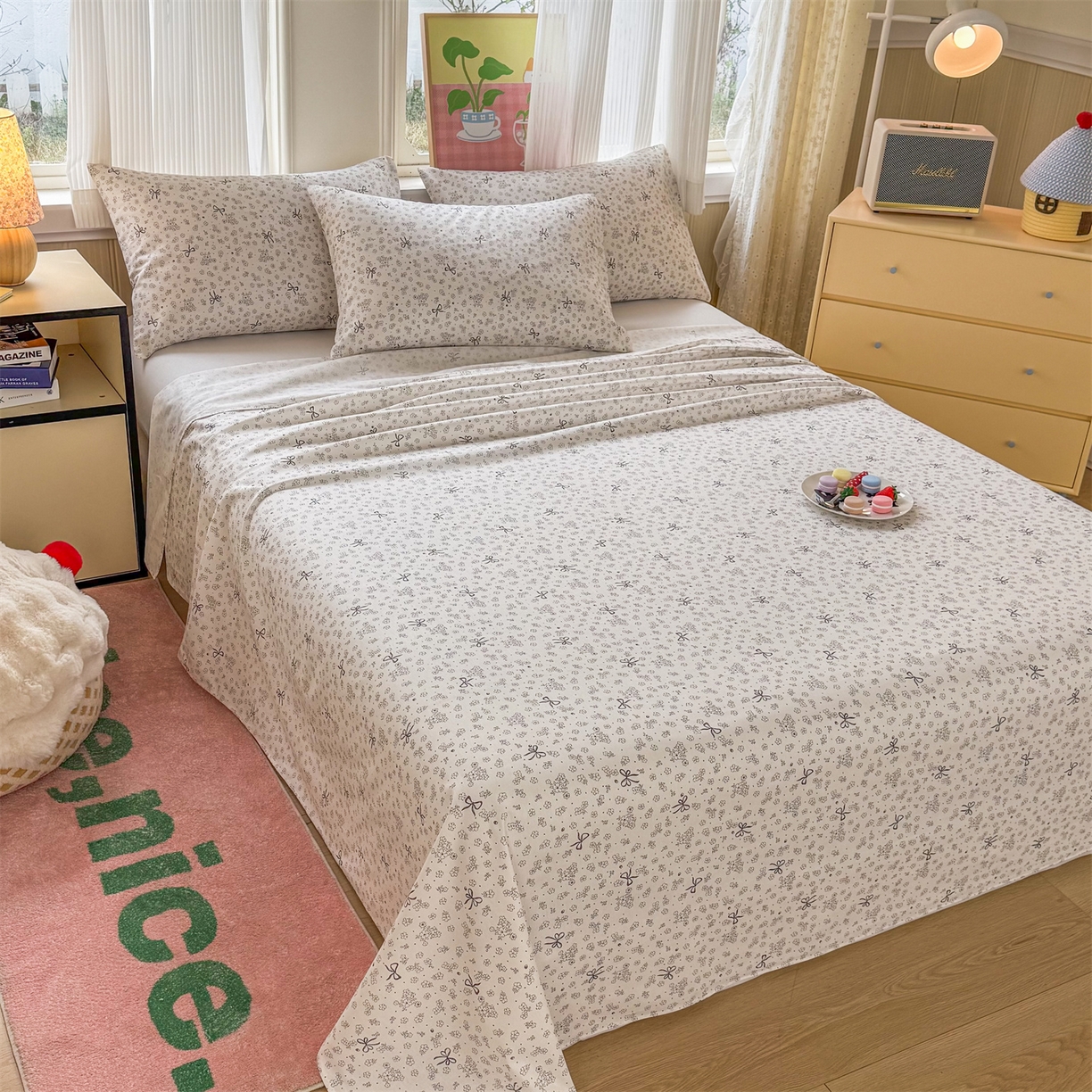 91家纺网 家纺一手货源 找家纺 晨晨家纺 2026春夏新款小清新全棉纯棉印花床单三件套 墨蝶