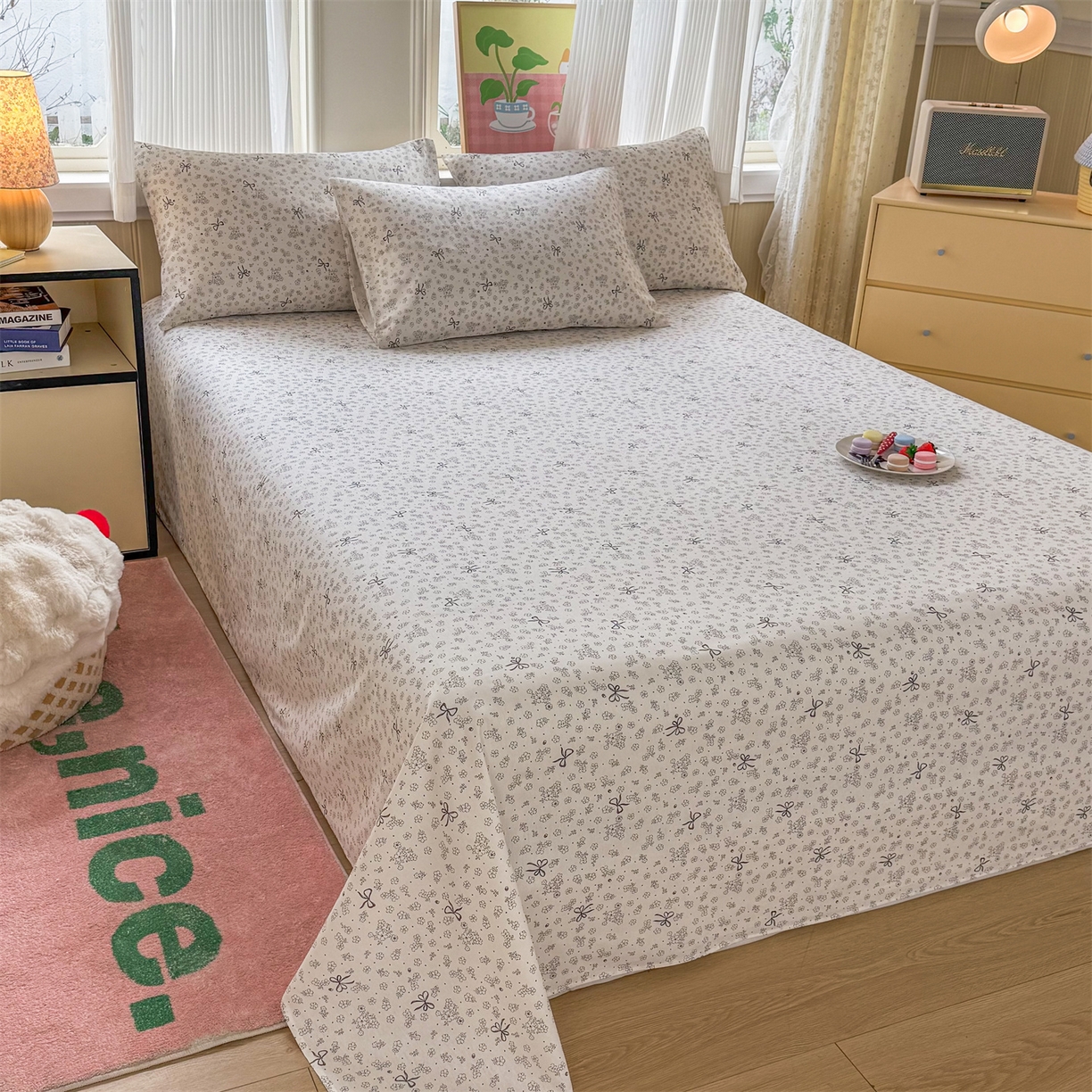 晨晨家纺 2026春夏新款小清新全棉纯棉印花床单三件套 墨蝶