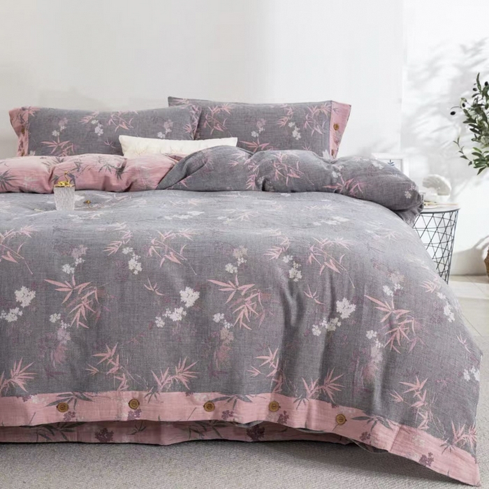 91家纺网 家纺一手货源 找家纺 云天家纺 2026新款A类全棉纯棉色织提花双层纱纽扣款四件套 竹韵粉（套版）