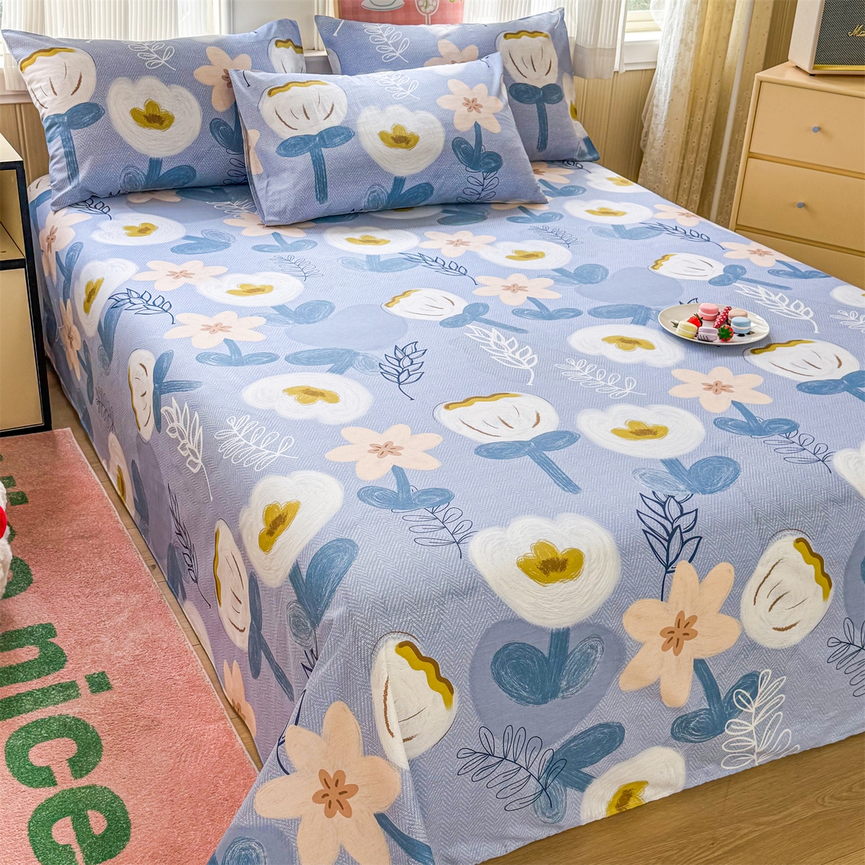 晨晨家纺 2026春夏新款小清新全棉纯棉印花床单三件套 雅卉