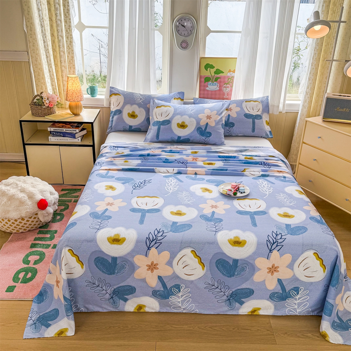 91家纺网 家纺一手货源 找家纺 晨晨家纺 2026春夏新款小清新全棉纯棉印花床单三件套 雅卉