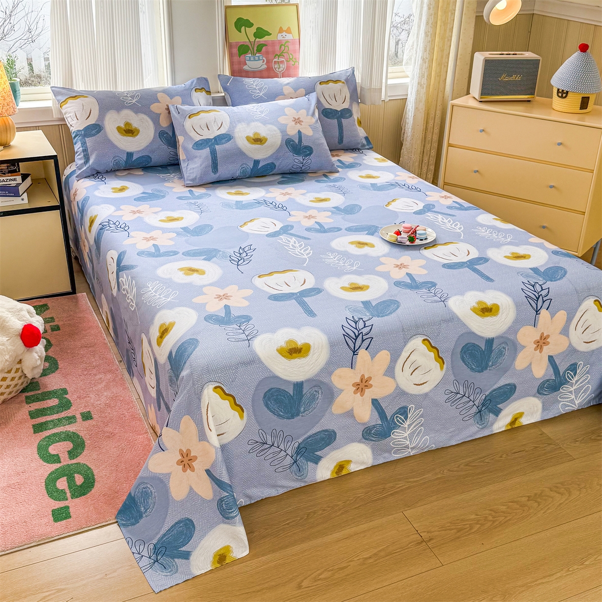 91家纺网 家纺一手货源 找家纺 晨晨家纺 2026春夏新款小清新全棉纯棉印花床单三件套 雅卉