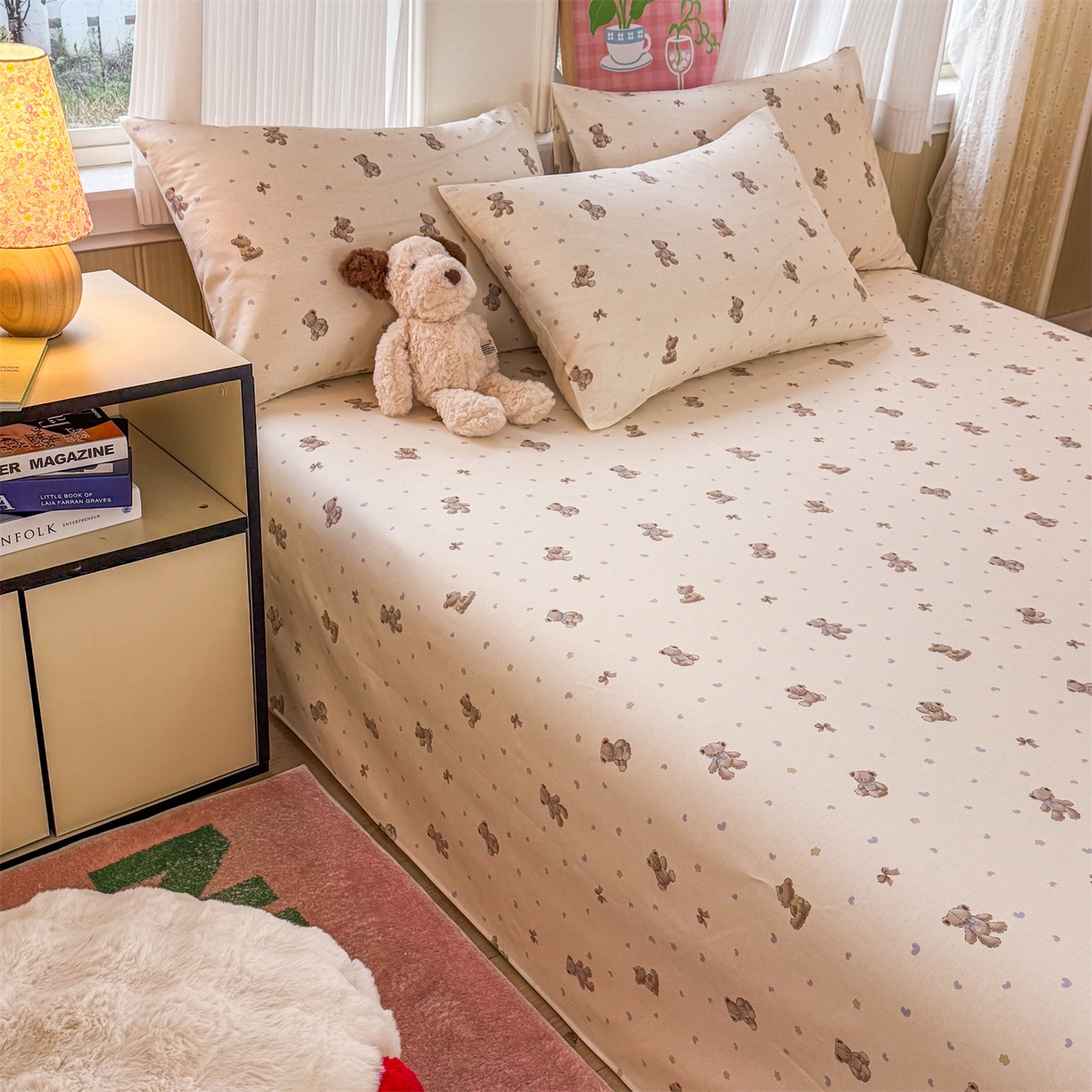 91家纺网 家纺一手货源 找家纺 晨晨家纺 2026春夏新款小清新全棉纯棉印花床单三件套 泡泡熊