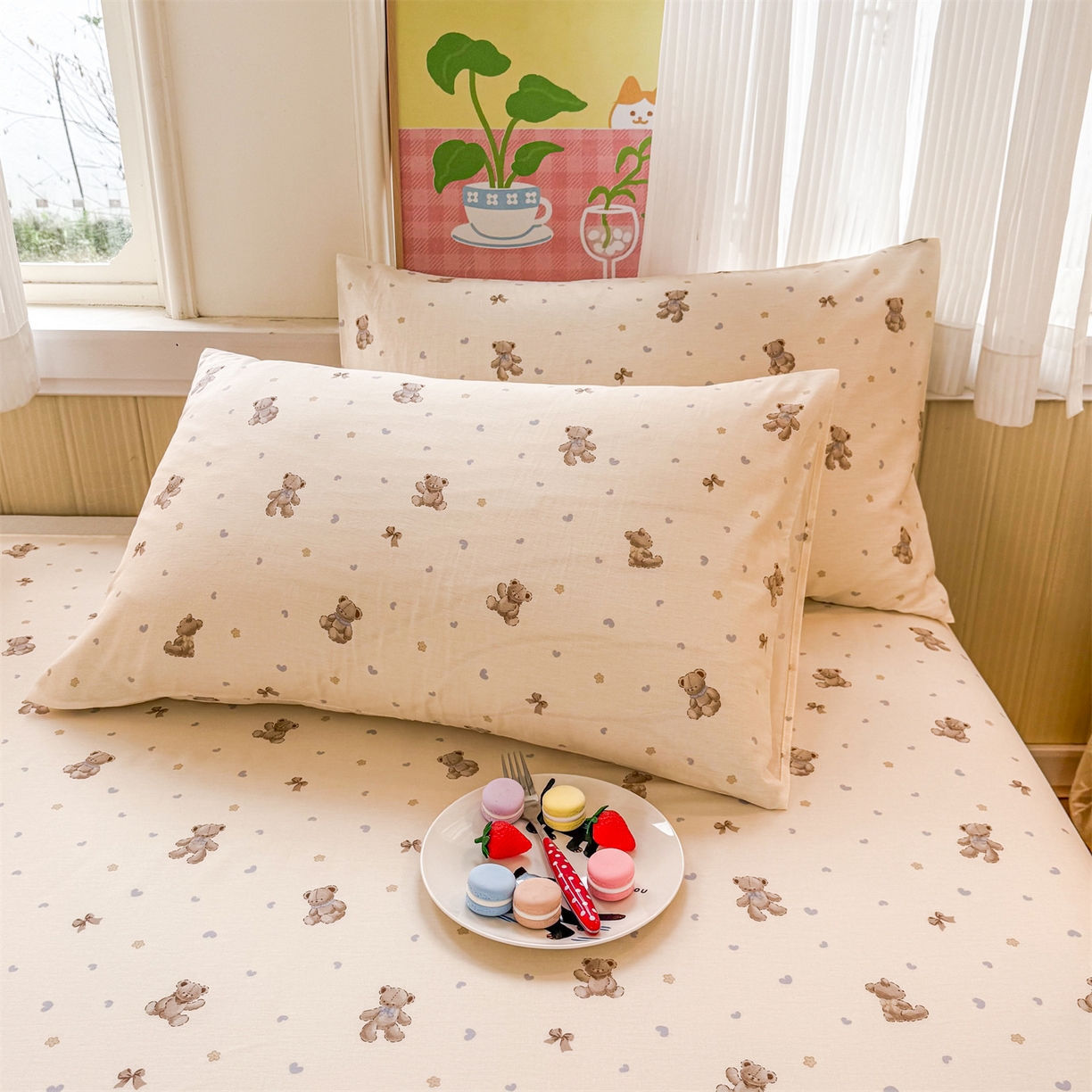 91家纺网 家纺一手货源 找家纺 晨晨家纺 2026春夏新款小清新全棉纯棉印花床单三件套 泡泡熊