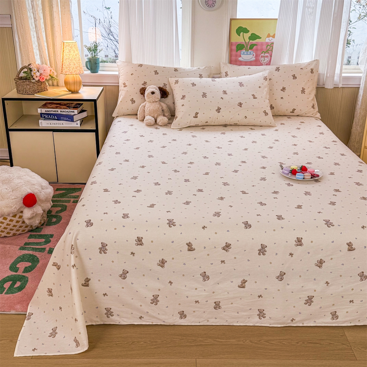 91家纺网 家纺一手货源 找家纺 晨晨家纺 2026春夏新款小清新全棉纯棉印花床单三件套 泡泡熊