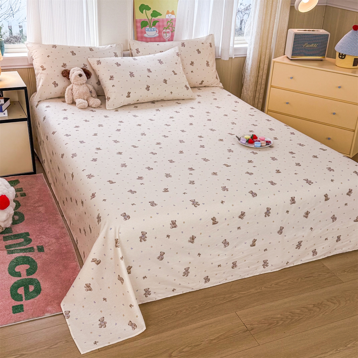 91家纺网 家纺一手货源 找家纺 晨晨家纺 2026春夏新款小清新全棉纯棉印花床单三件套 泡泡熊