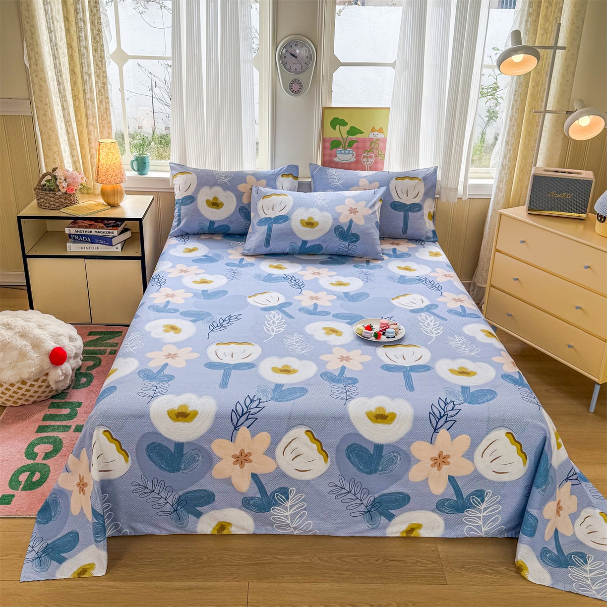 91家纺网 家纺一手货源 找家纺 晨晨家纺 2026春夏新款小清新全棉纯棉印花床单三件套 雅卉