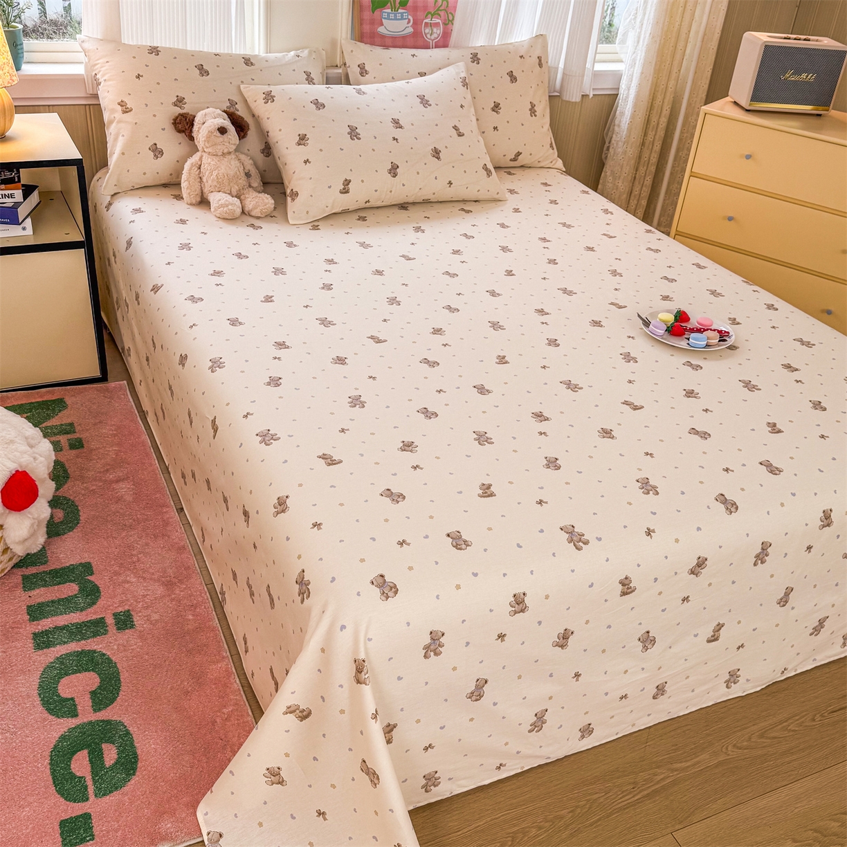 晨晨家纺 2026春夏新款小清新全棉纯棉印花床单三件套 泡泡熊