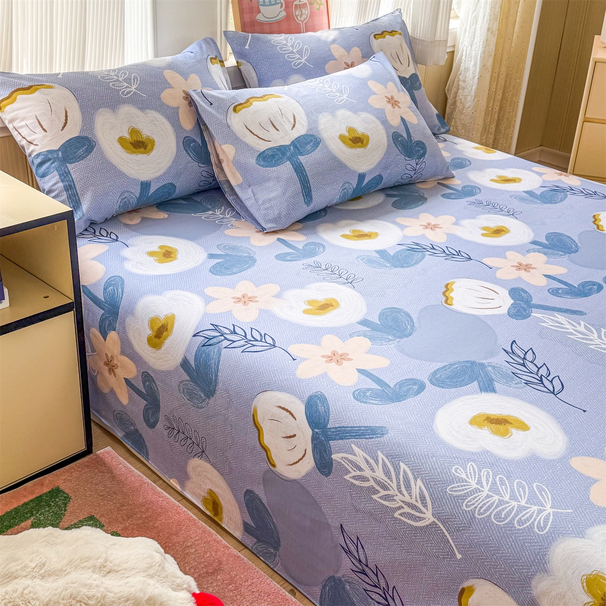 91家纺网 家纺一手货源 找家纺 晨晨家纺 2026春夏新款小清新全棉纯棉印花床单三件套 雅卉