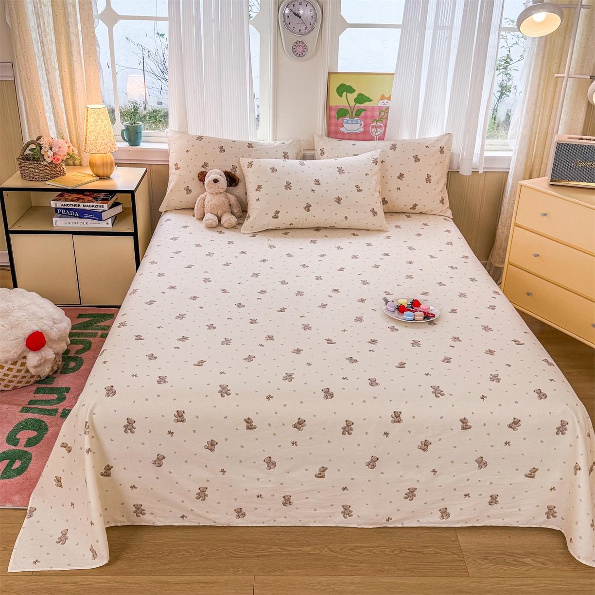 91家纺网 家纺一手货源 找家纺 晨晨家纺 2026春夏新款小清新全棉纯棉印花床单三件套 泡泡熊