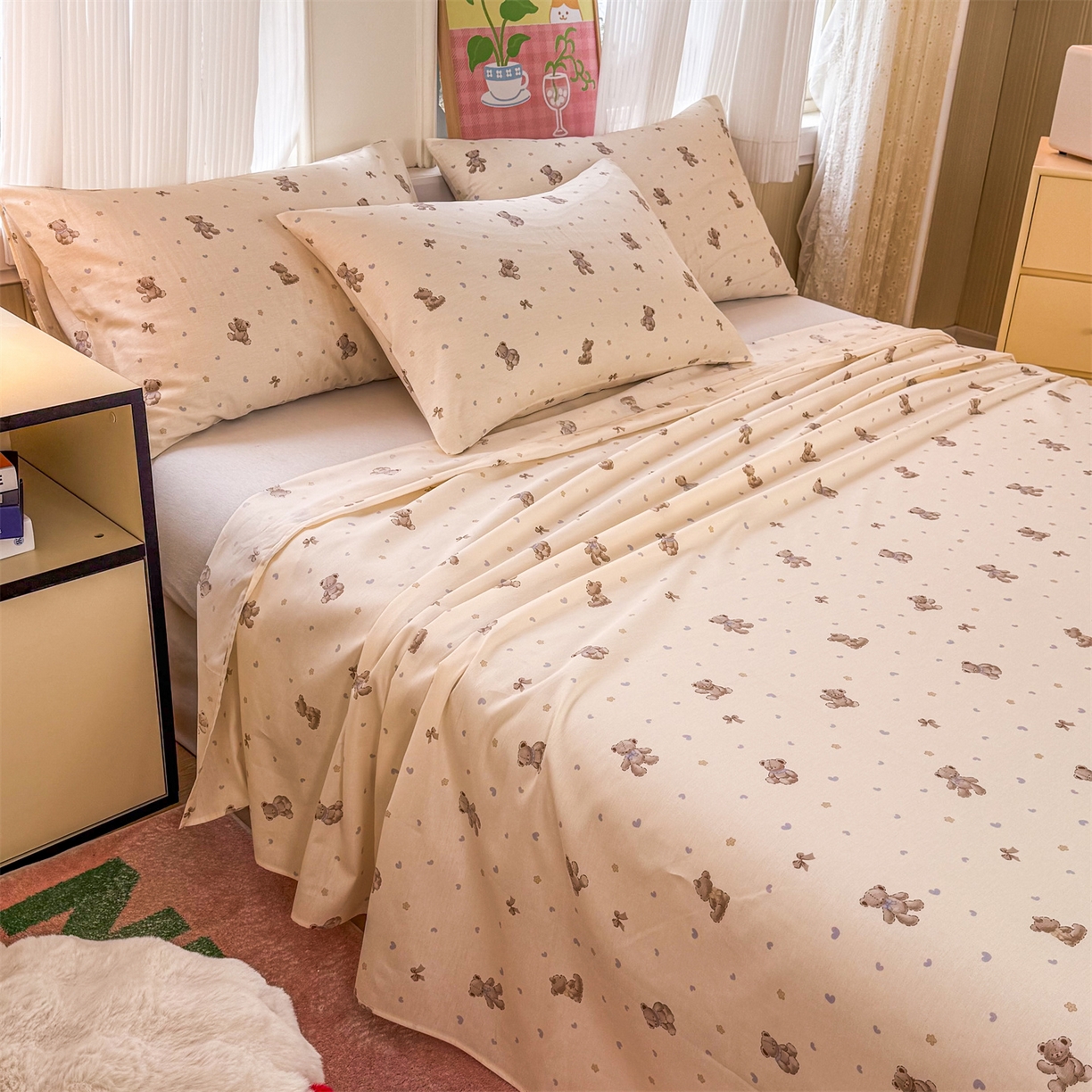 91家纺网 家纺一手货源 找家纺 晨晨家纺 2026春夏新款小清新全棉纯棉印花床单三件套 泡泡熊
