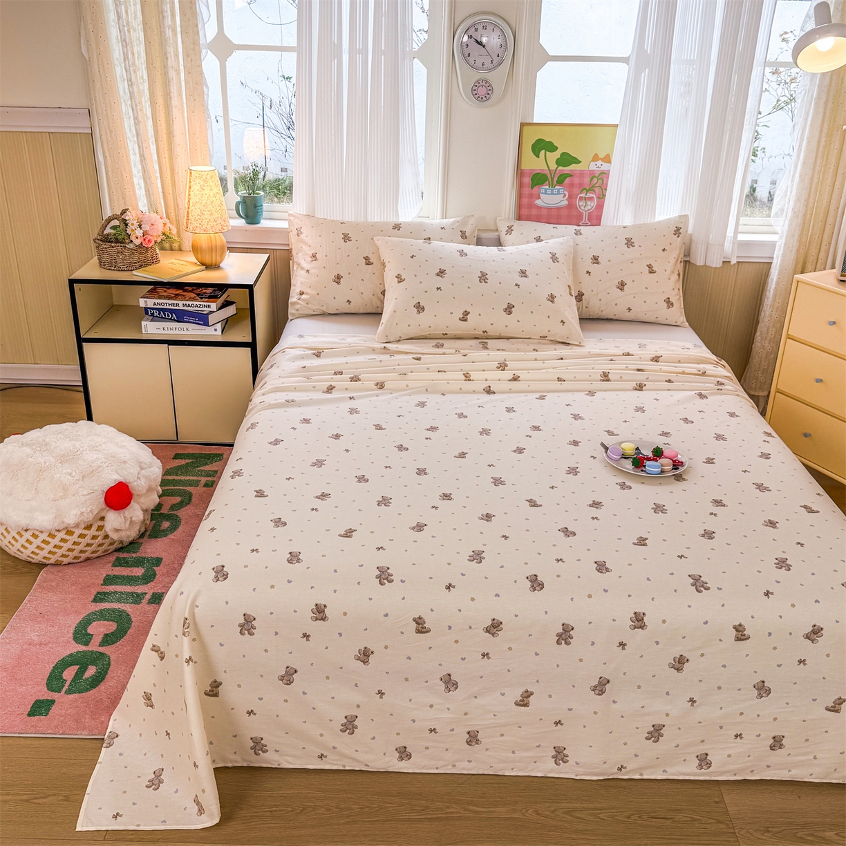 91家纺网 家纺一手货源 找家纺 晨晨家纺 2026春夏新款小清新全棉纯棉印花床单三件套 泡泡熊