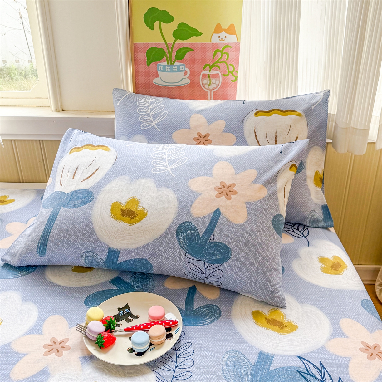 91家纺网 家纺一手货源 找家纺 晨晨家纺 2026春夏新款小清新全棉纯棉印花床单三件套 雅卉