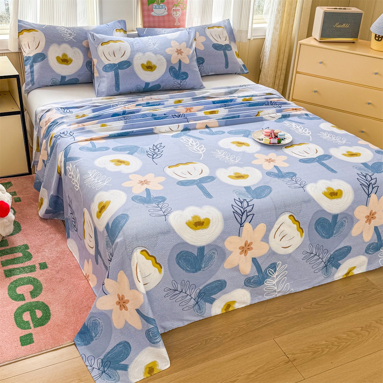 91家纺网 家纺一手货源 找家纺 晨晨家纺 2026春夏新款小清新全棉纯棉印花床单三件套 雅卉