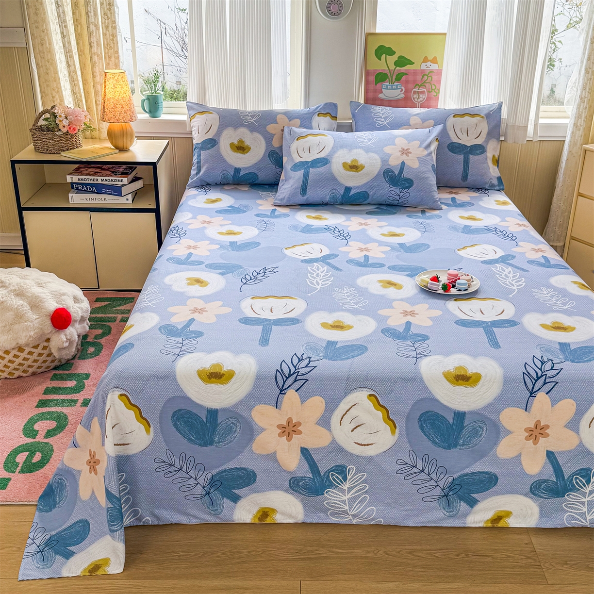 91家纺网 家纺一手货源 找家纺 晨晨家纺 2026春夏新款小清新全棉纯棉印花床单三件套 雅卉