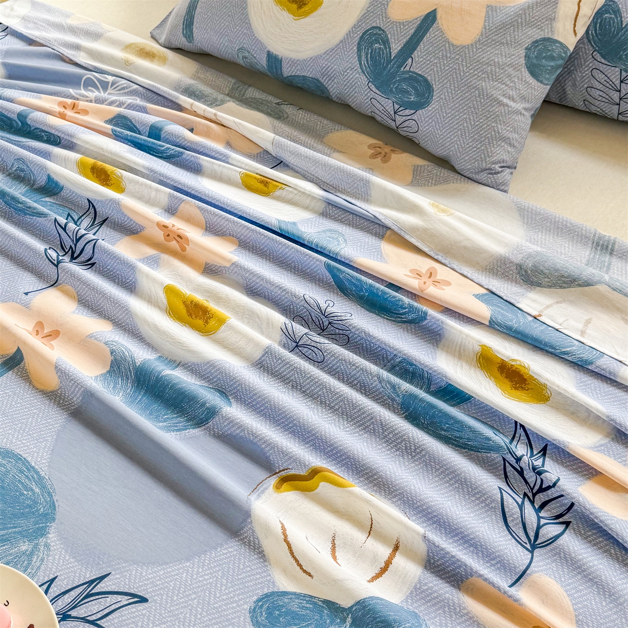 91家纺网 家纺一手货源 找家纺 晨晨家纺 2026春夏新款小清新全棉纯棉印花床单三件套 雅卉