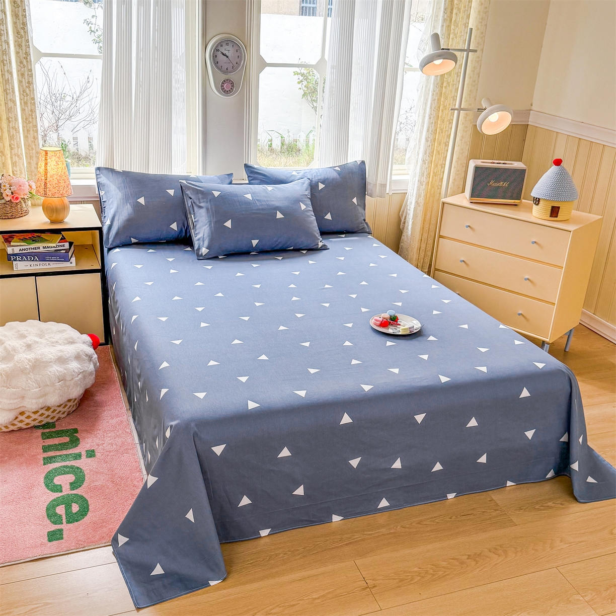 91家纺网 家纺一手货源 找家纺 晨晨家纺 2026春夏新款小清新全棉纯棉印花床单三件套 爱巢