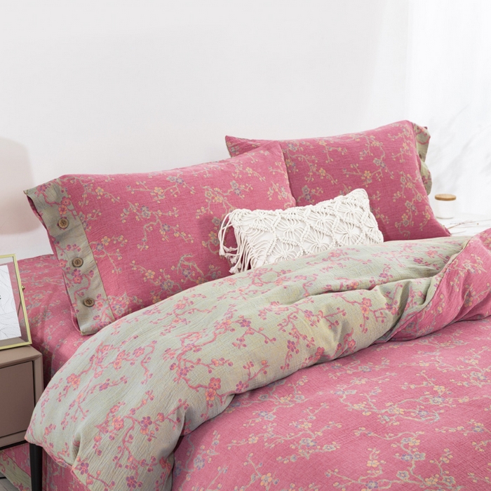 91家纺网 家纺一手货源 找家纺 云天家纺 2026新款A类全棉纯棉色织提花双层纱纽扣款四件套 醉梅