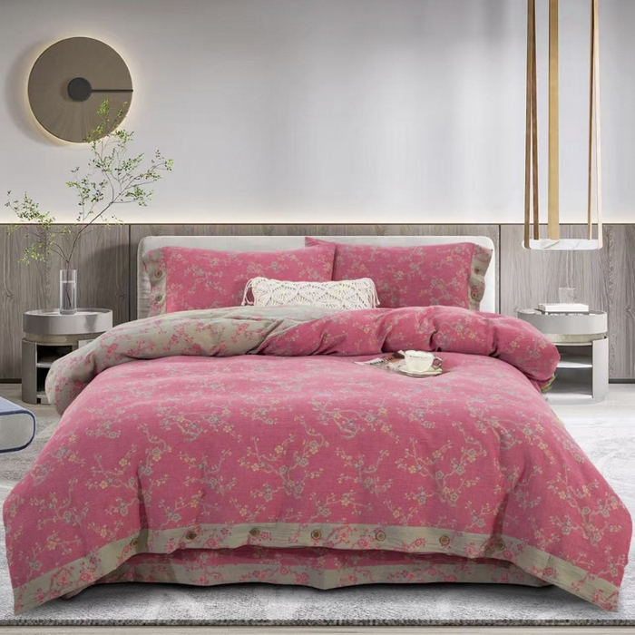 91家纺网 家纺一手货源 找家纺 云天家纺 2026新款A类全棉纯棉色织提花双层纱纽扣款四件套 醉梅