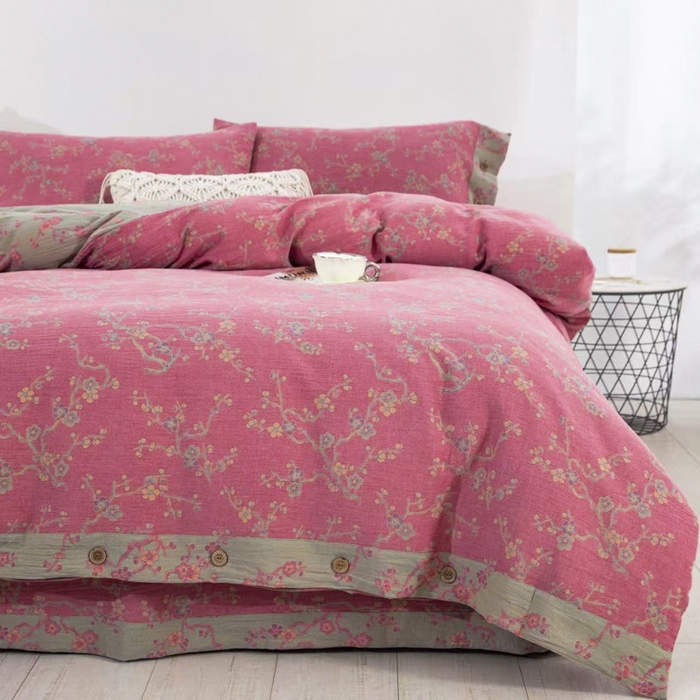 91家纺网 家纺一手货源 找家纺 云天家纺 2026新款A类全棉纯棉色织提花双层纱纽扣款四件套 醉梅