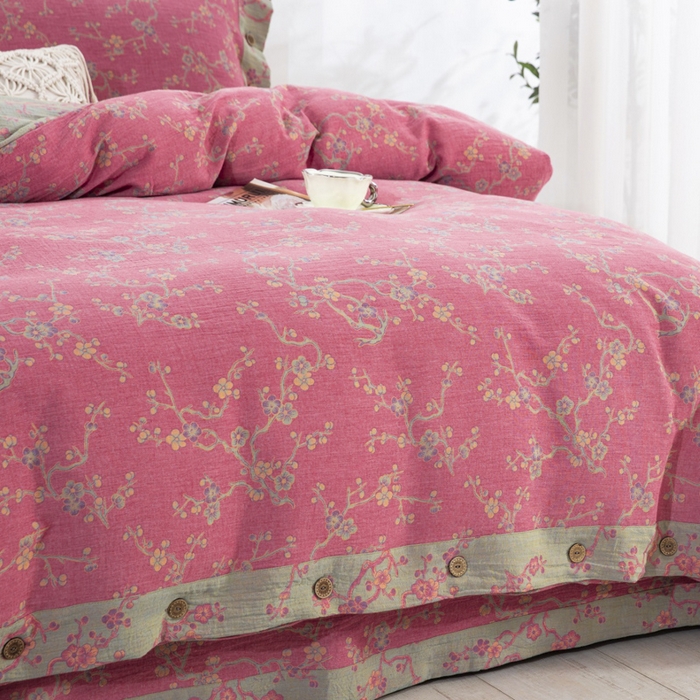 91家纺网 家纺一手货源 找家纺 云天家纺 2026新款A类全棉纯棉色织提花双层纱纽扣款四件套 醉梅